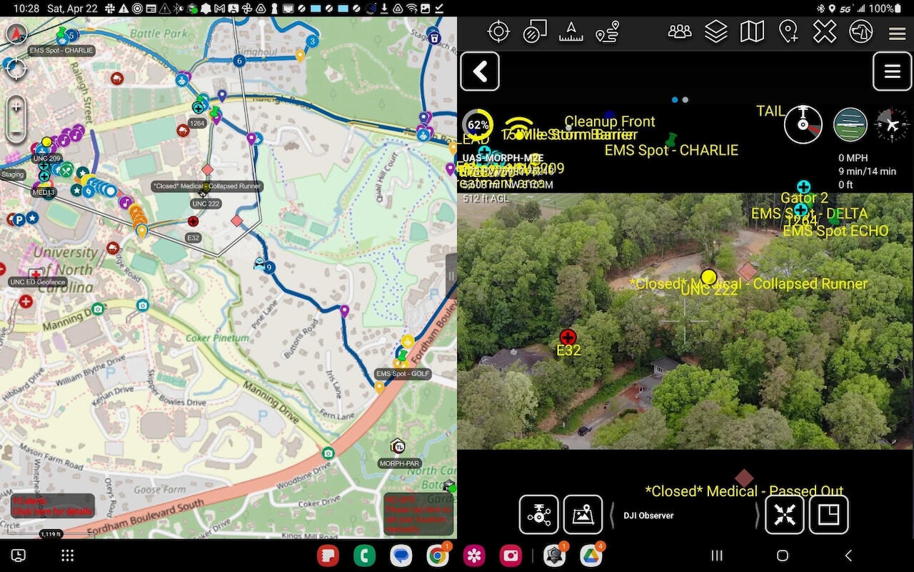 A screenshot with a map on one side and a video stream on the other showing the location of various rescuers